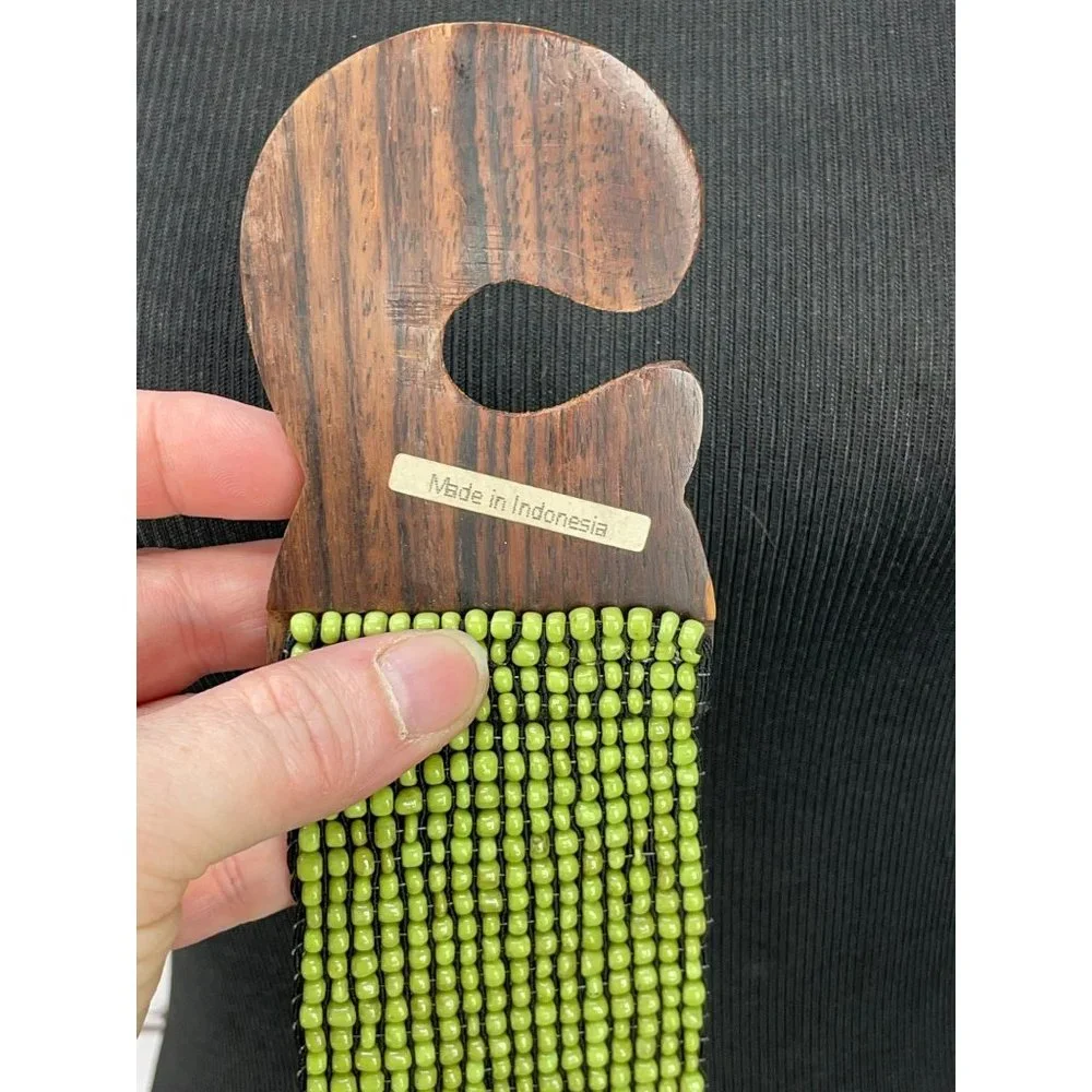 Vintage Elastic Lime Green Handmade Glass Beaded Wooden Clasp 70’s Boho Chic Sty